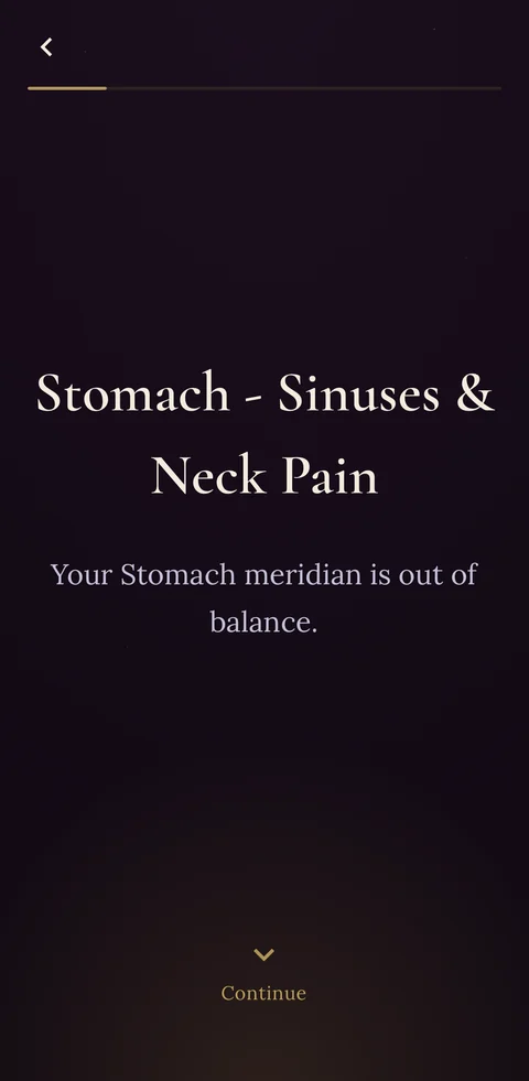 The Ankaa app's result screen: Stomach – Sinuses & Neck Pain. Your Stomach meridian is out of balance.